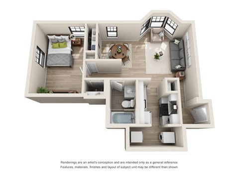 Floor plan for 1 bed, 1 bath, 579 sqft